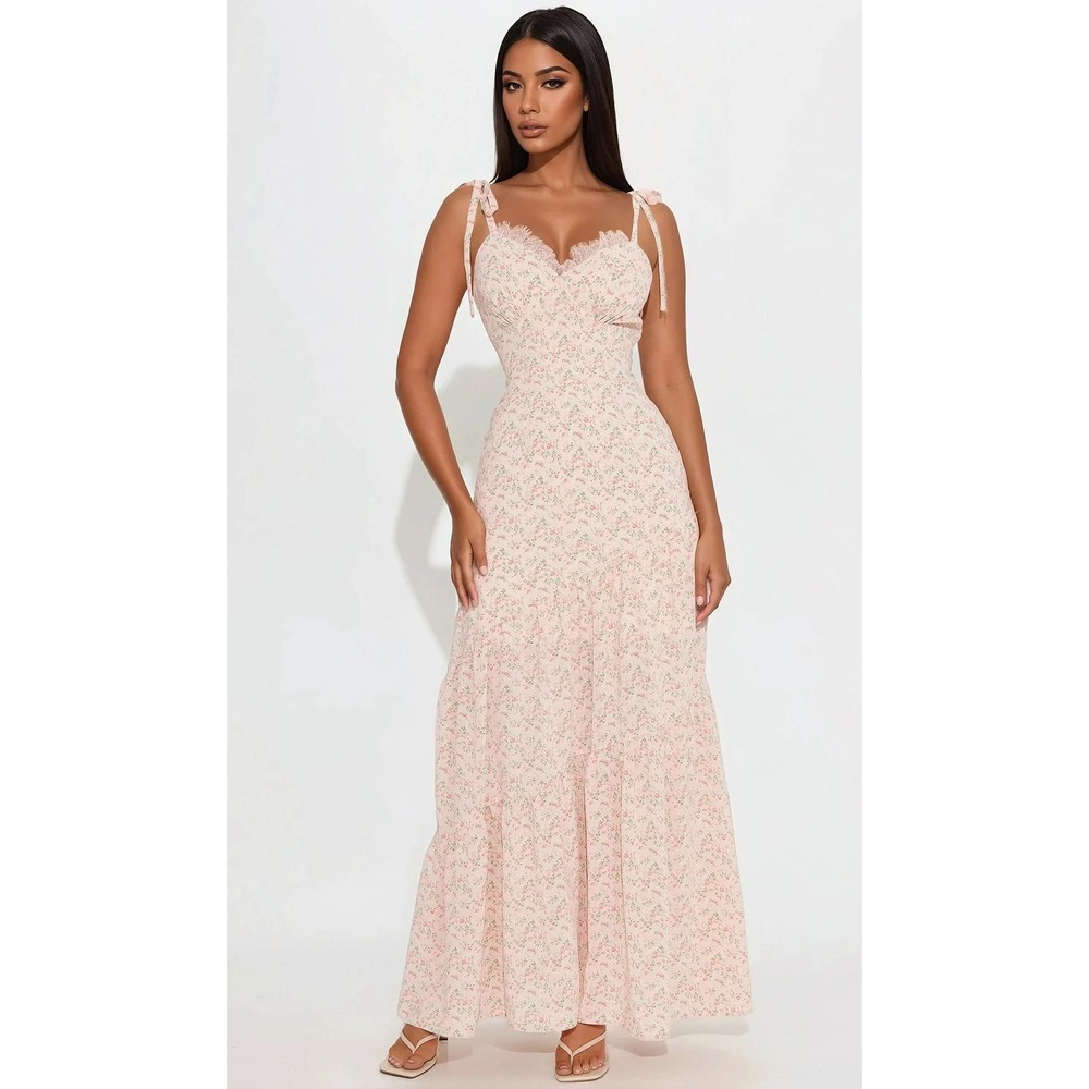 Fashion Nova Arianna Floral Maxi Dress Women Small Blush Pink Lace Tie Boho